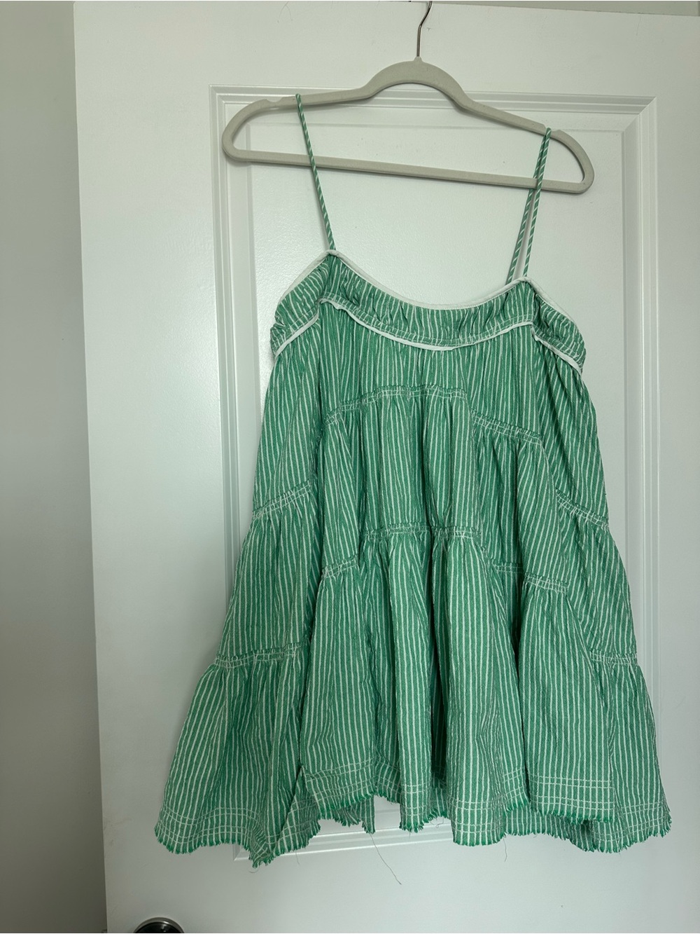 Free People Green and White Striped Tiered Spaghetti Strap Tunic